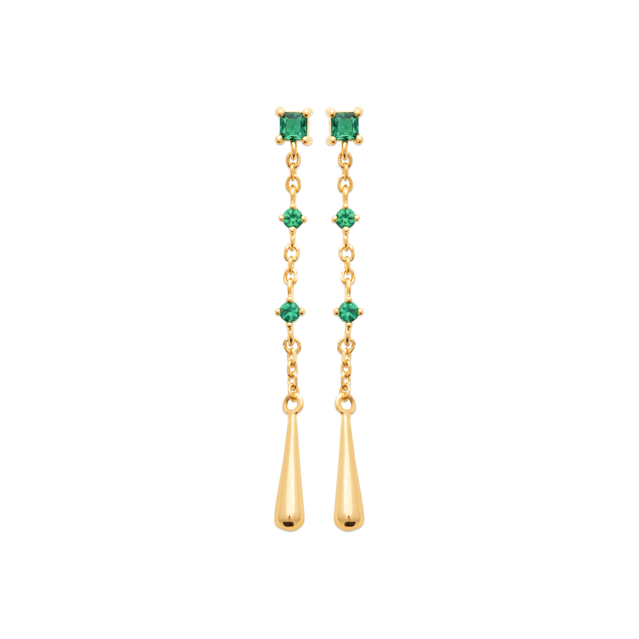 Boucles d'oreilles longues plaqué or zircons verts émeraude et goutte dorée