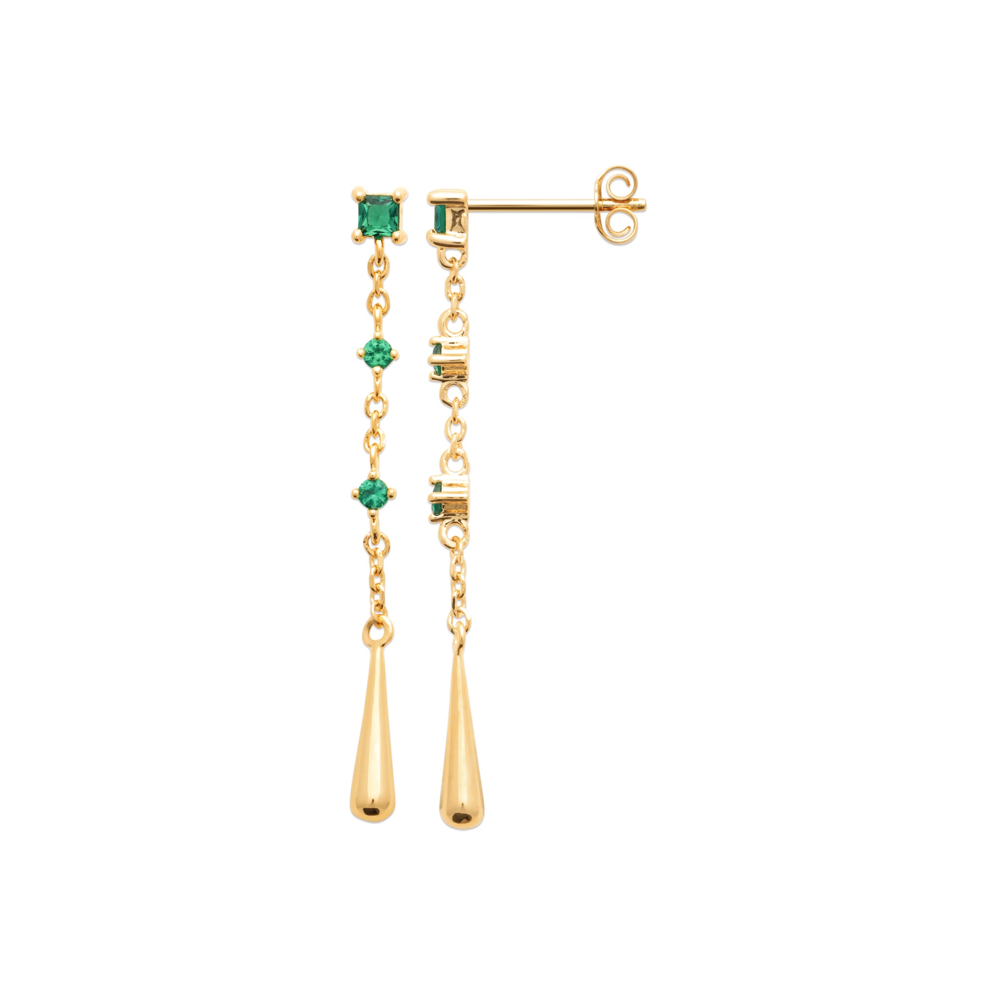 Boucles d'oreilles longues plaqué or zircons verts émeraude et goutte dorée