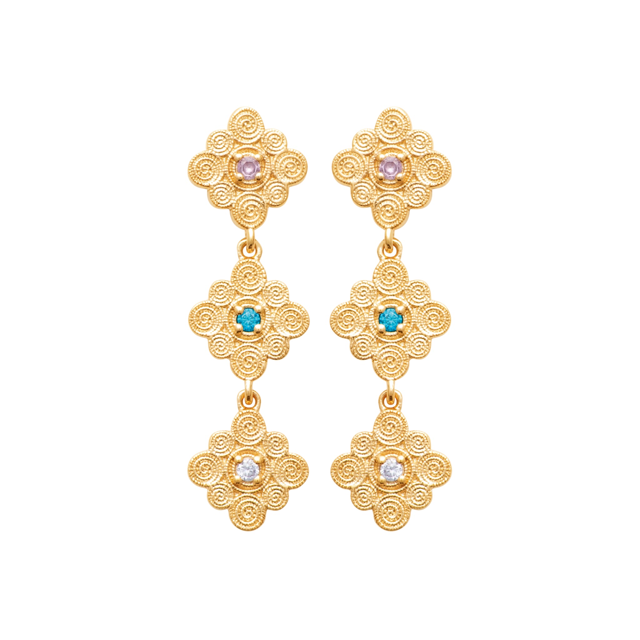 Boucles d'oreilles pendantes fleurs à pierres multicolores - vue 1