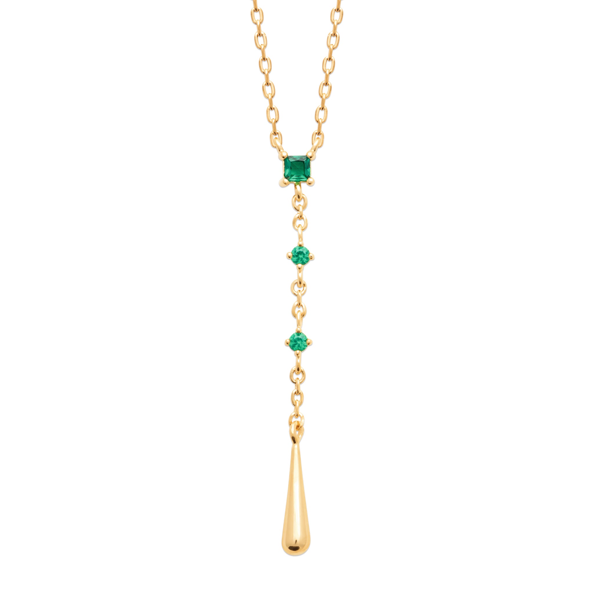 Collier Y plaqué or oxydes verts et goutte dorée - vue 1