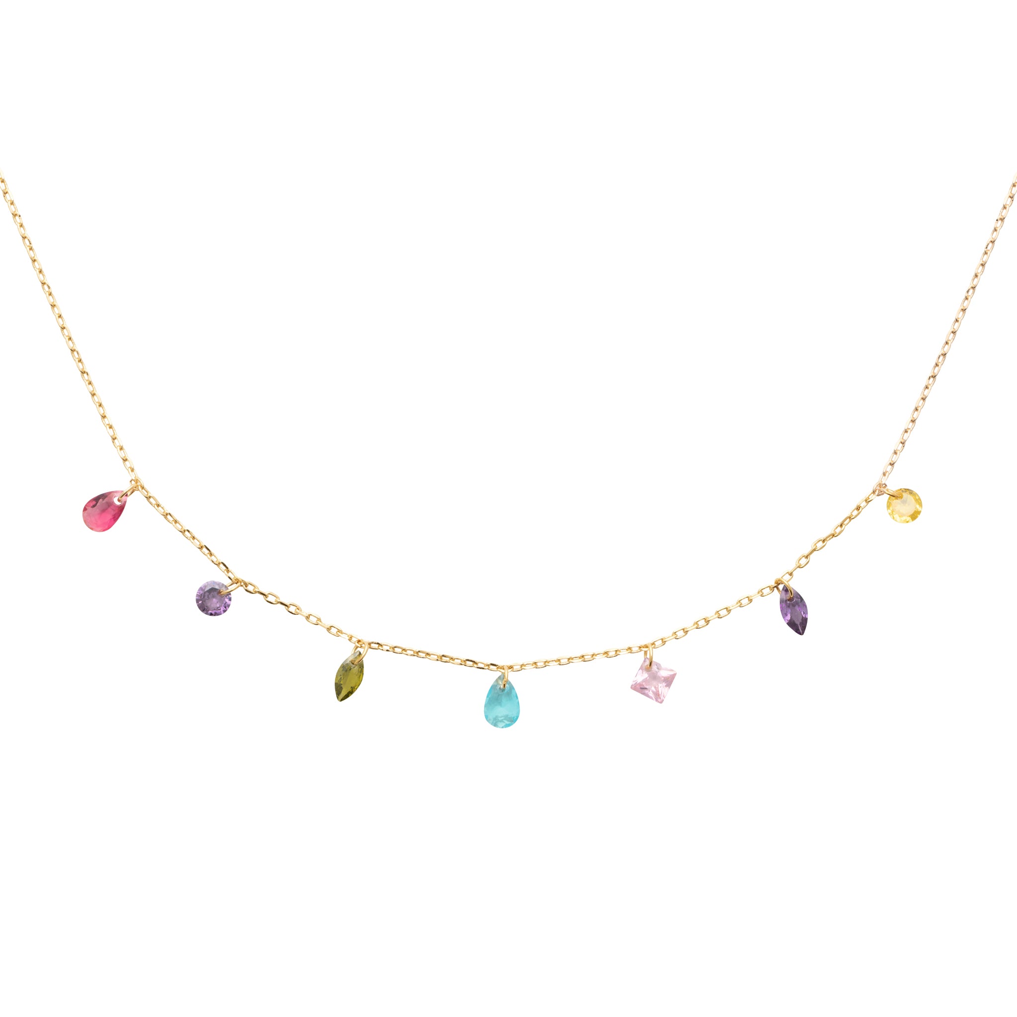 Collier chaîne plaqué or breloques difformes oxydes multicolores