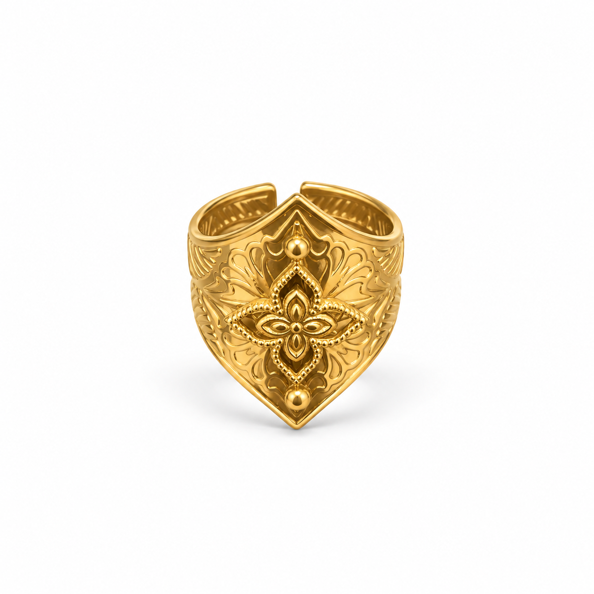bague dorée doré blason style motif floral V epaisse