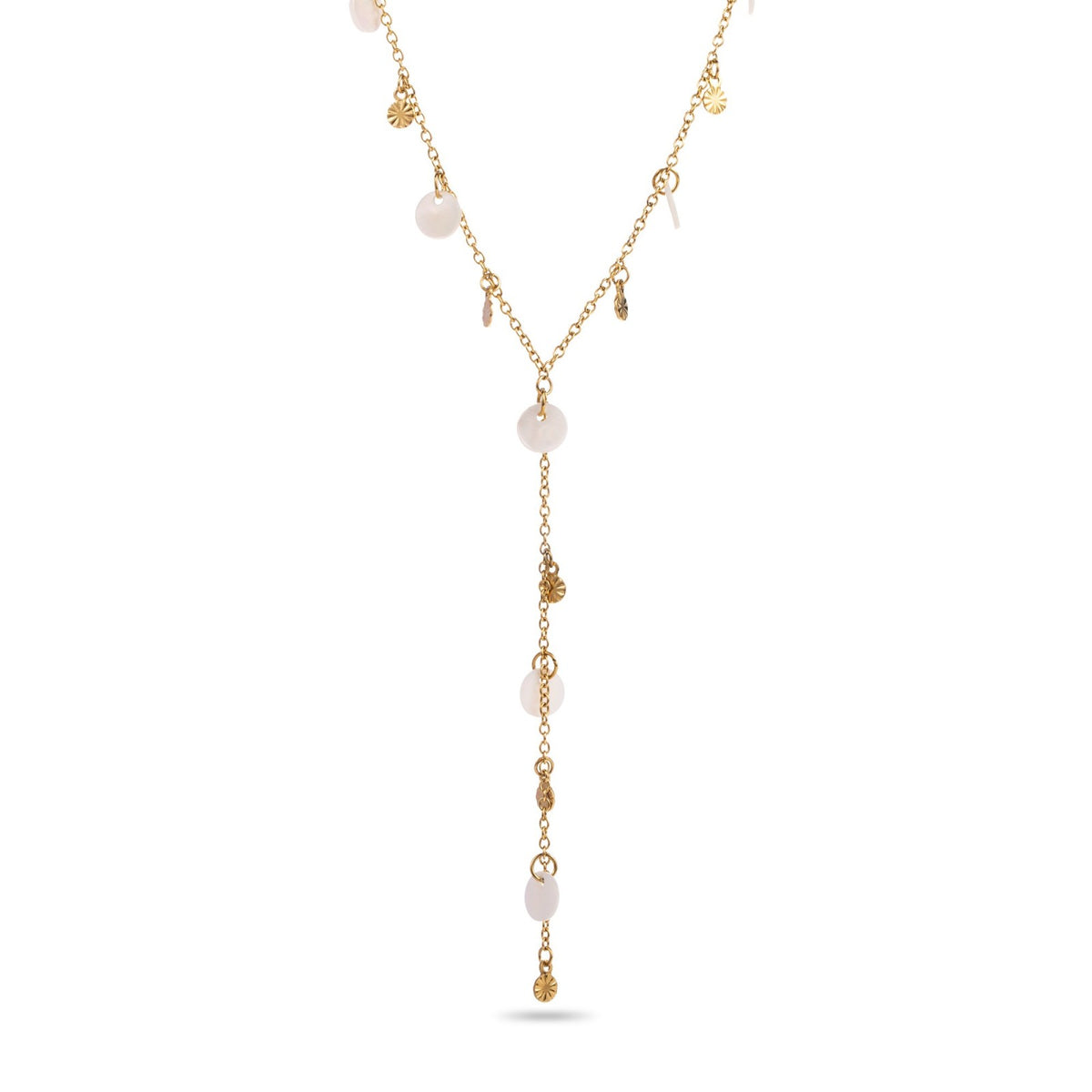 collier y cravate acier inoxydable doré pampilles classiques et pampilles perles de nacre colorées