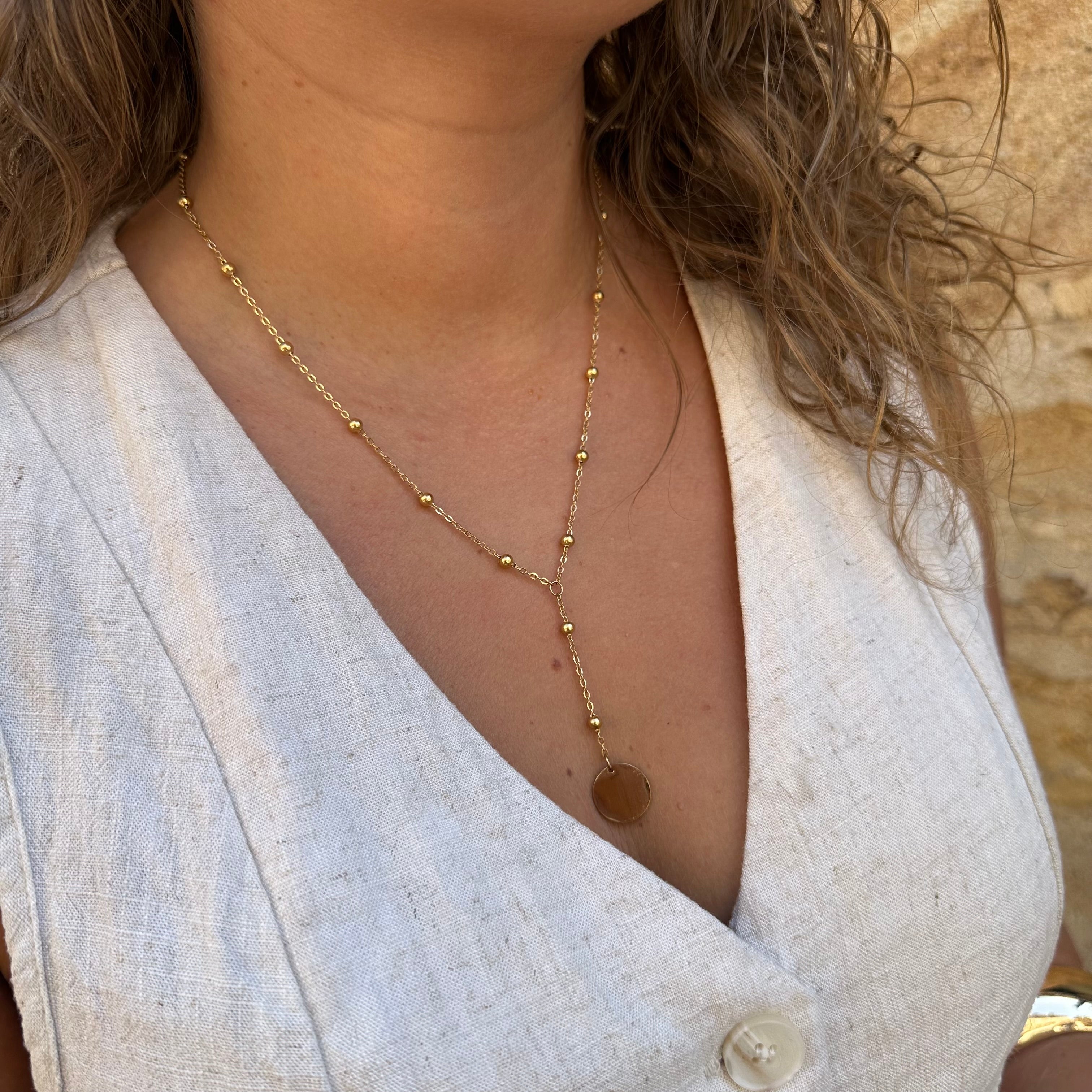 Collier Y acier inoxydable doré médailles pendentif rond petites perles dorées