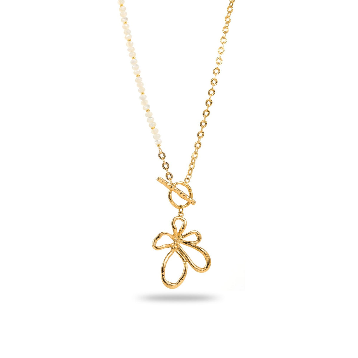 collier acier inoxydable doré hypoallergénique résiste à l'eau mi perles mi chaîne pendentif fleur ajourée