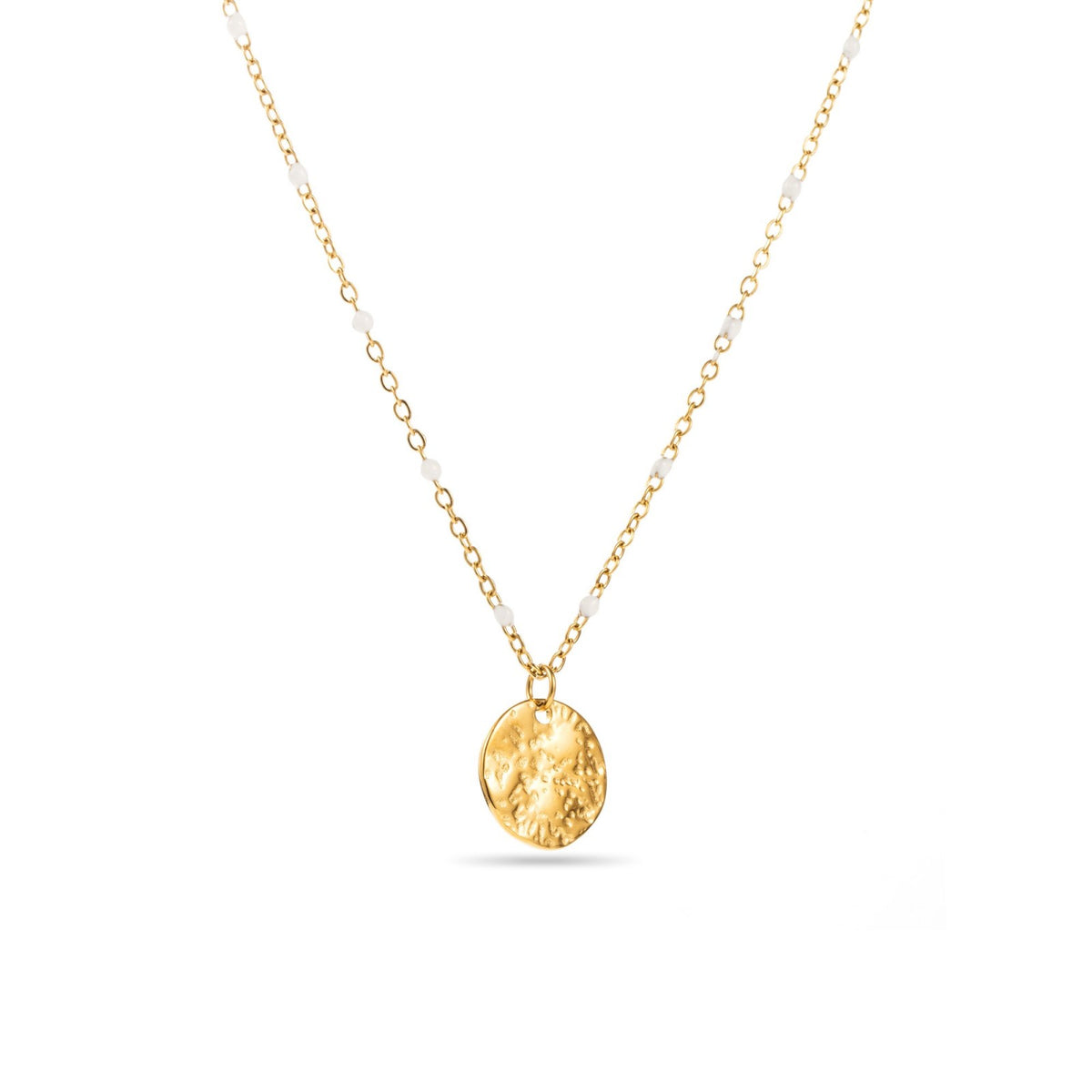 Collier acier inoxydable doré petites perles blanches pendentif rond martelé hypoallergénique résistant à l'eau