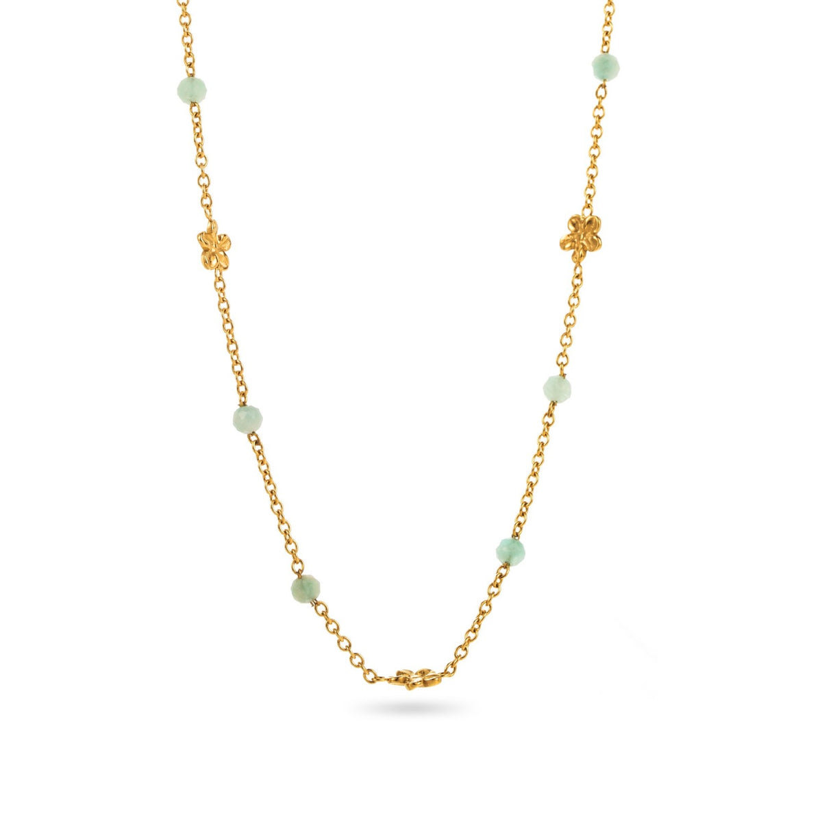 Collier acier inoxydable doré petites fleurs et pierres naturelles amazonite hypoallergénique et résiste à l'eau