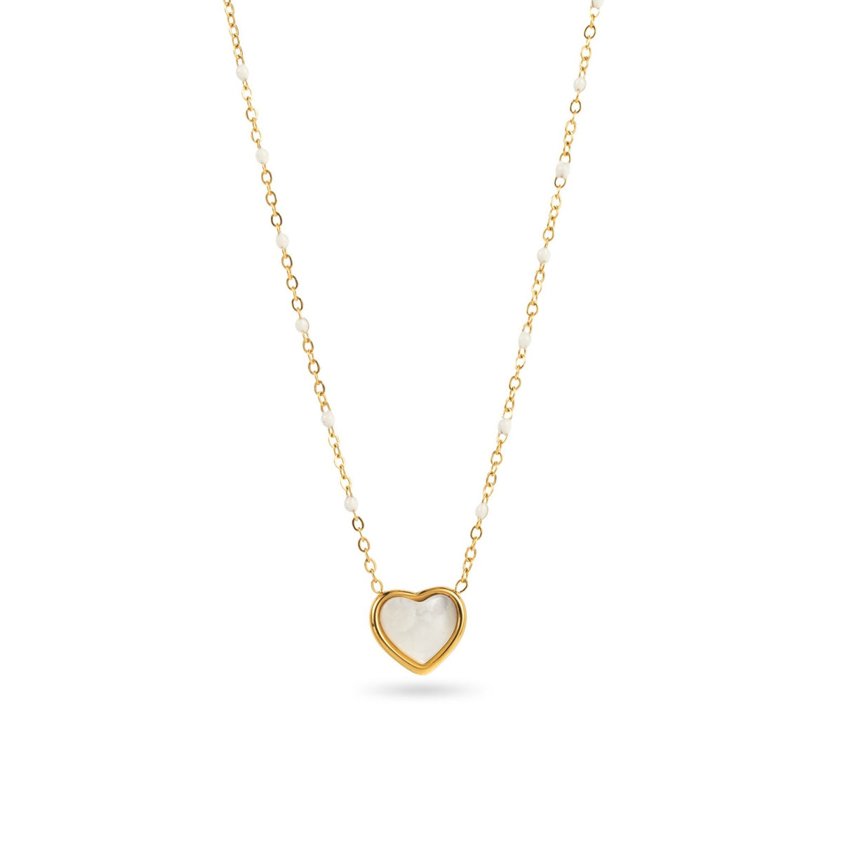 Collier acier inoxydable doré hypoallergénique résiste à l'eau petites perles blanches pendentif cœur nacre