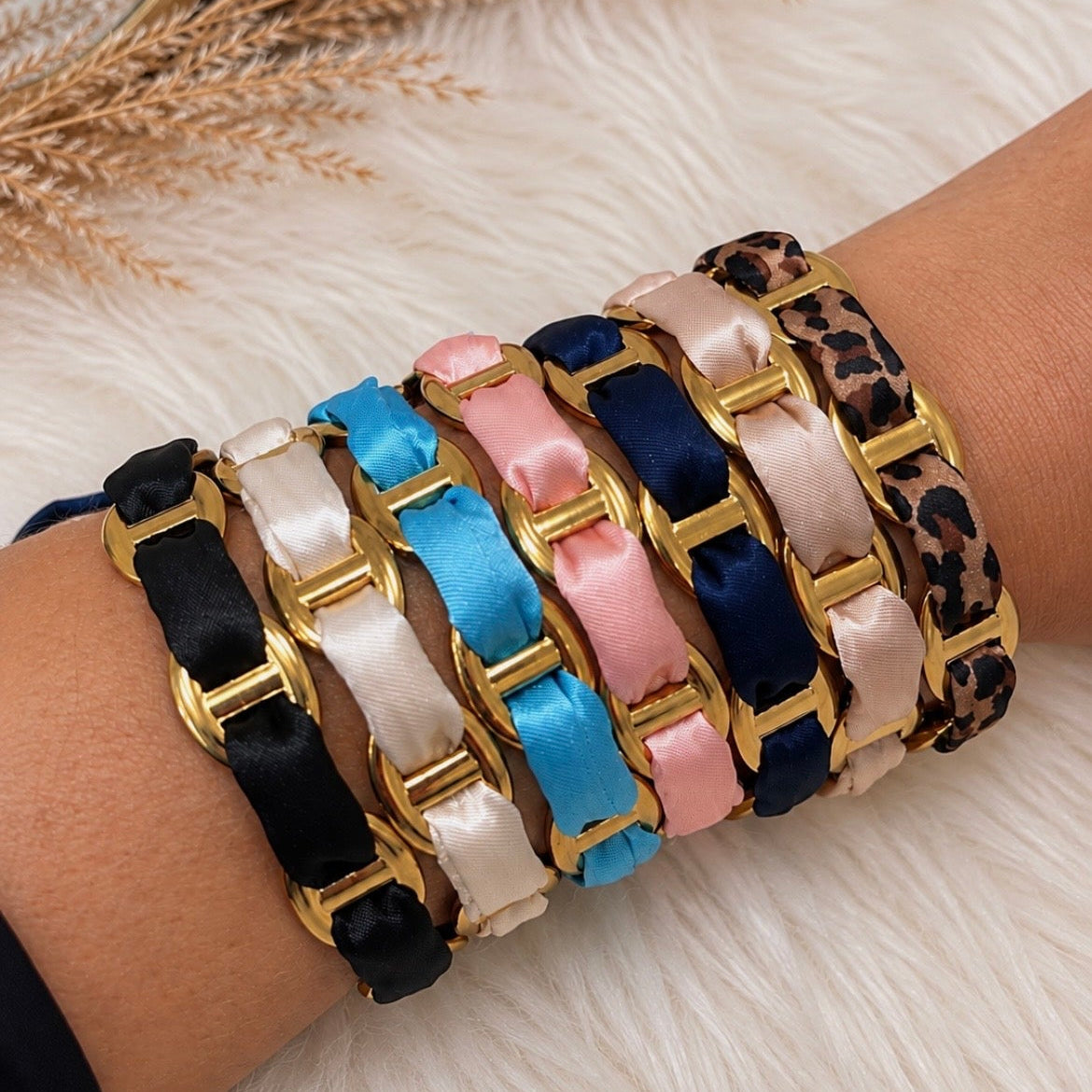 Joncs maille marine en acier inoxydable doré avec ruban en tissu coloré pour femme