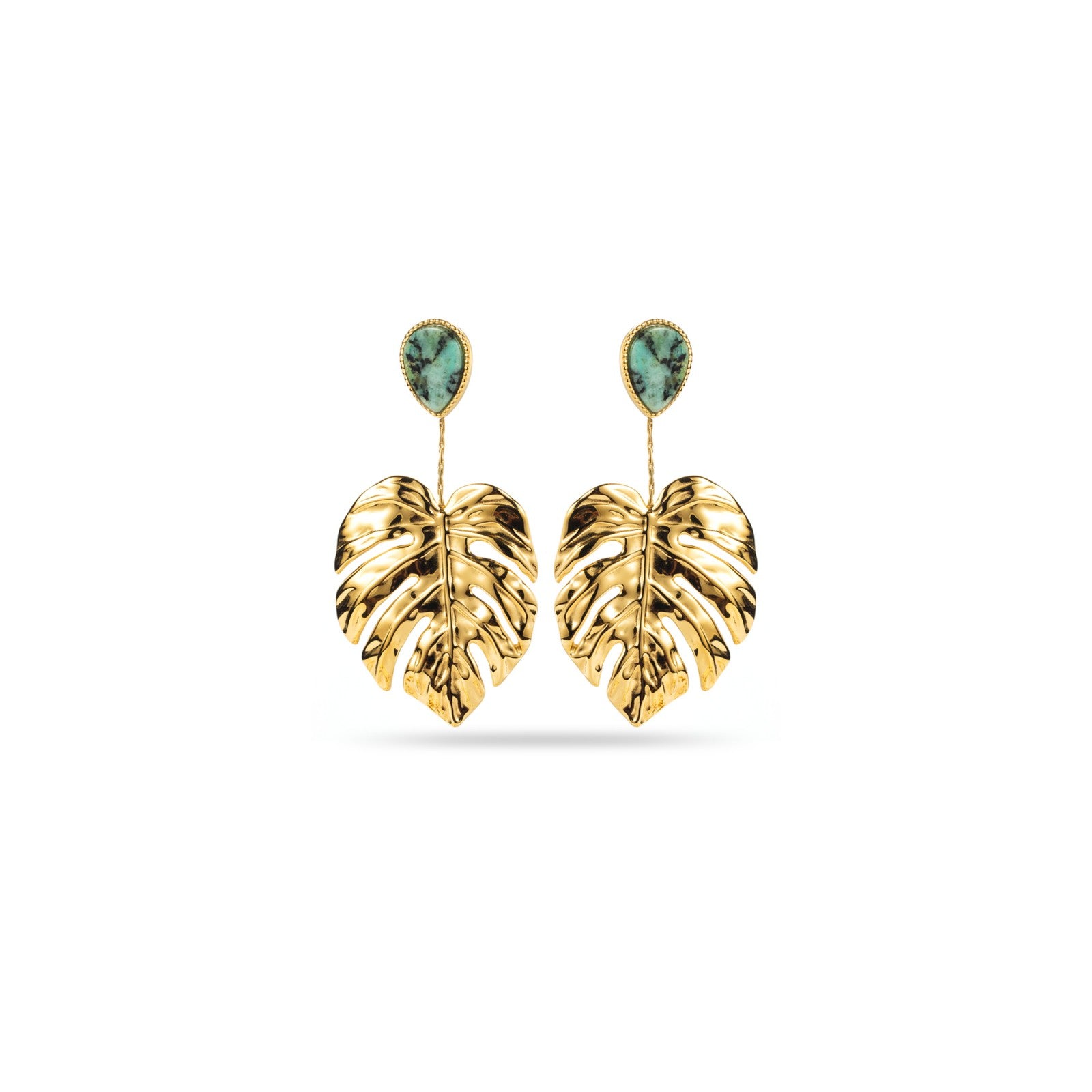 Boucles d'oreilles grande feuille avec pierre naturelle
