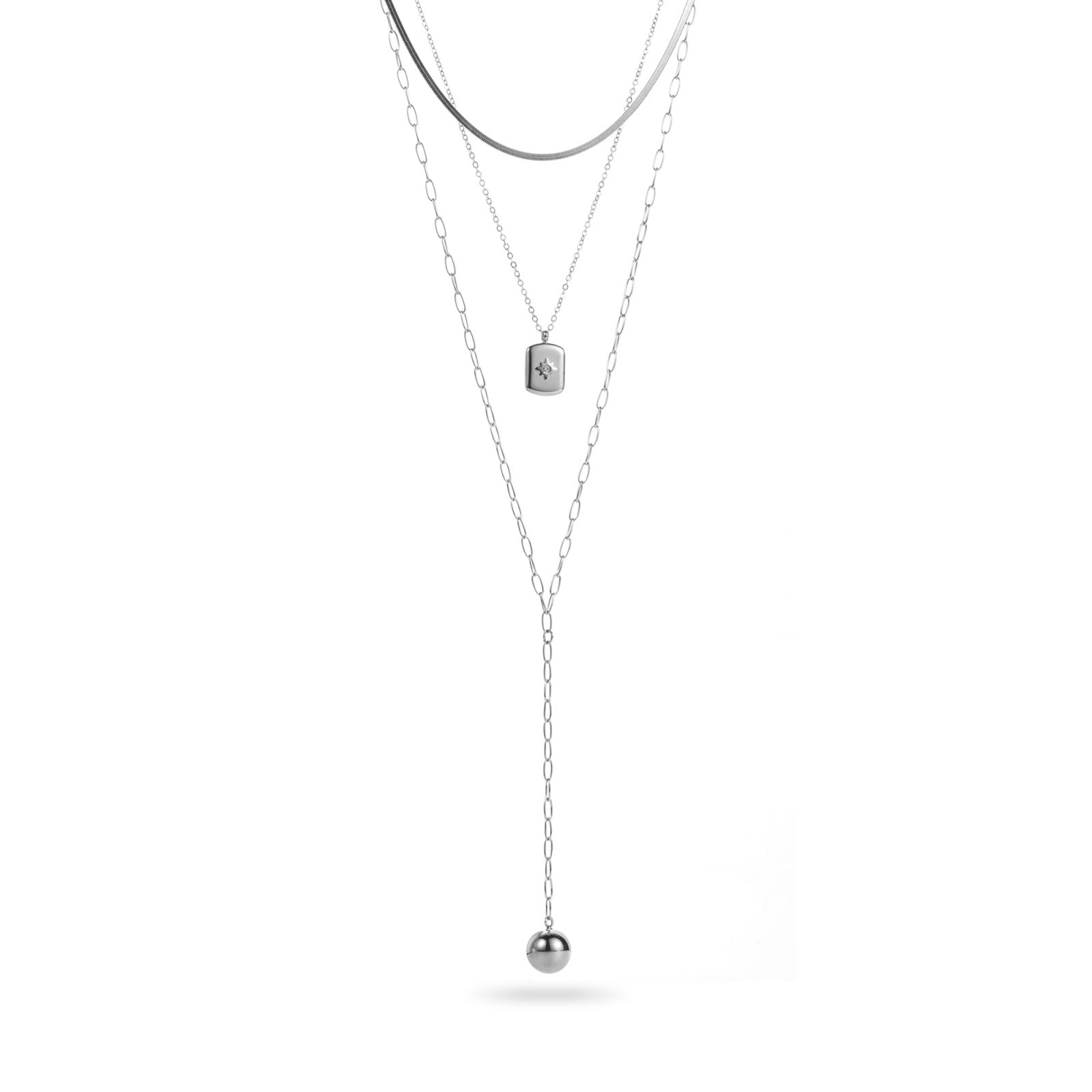 Collier 3 rangs sautoir perle d'acier