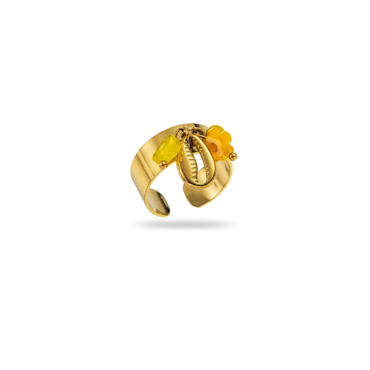 bague breloque coquillage et fleurs orange et jaune acier inoxydable doré hypoallergénique et résiste à l'eau