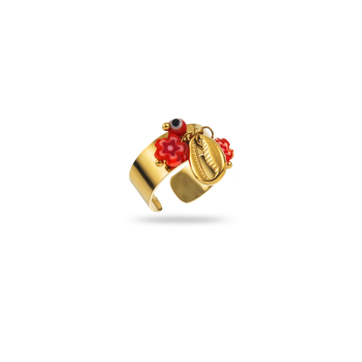 bague breloque coquillage et fleurs rouges acier inoxydable doré résiste à l'eau et hypoallergénique