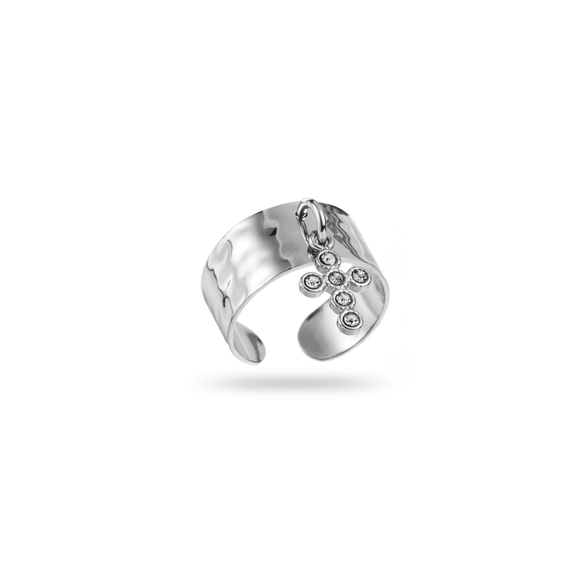 bague breloque croix strass acier inoxydable argenté martelée oxydes de zirconium résiste à l'eau hypoallergénique