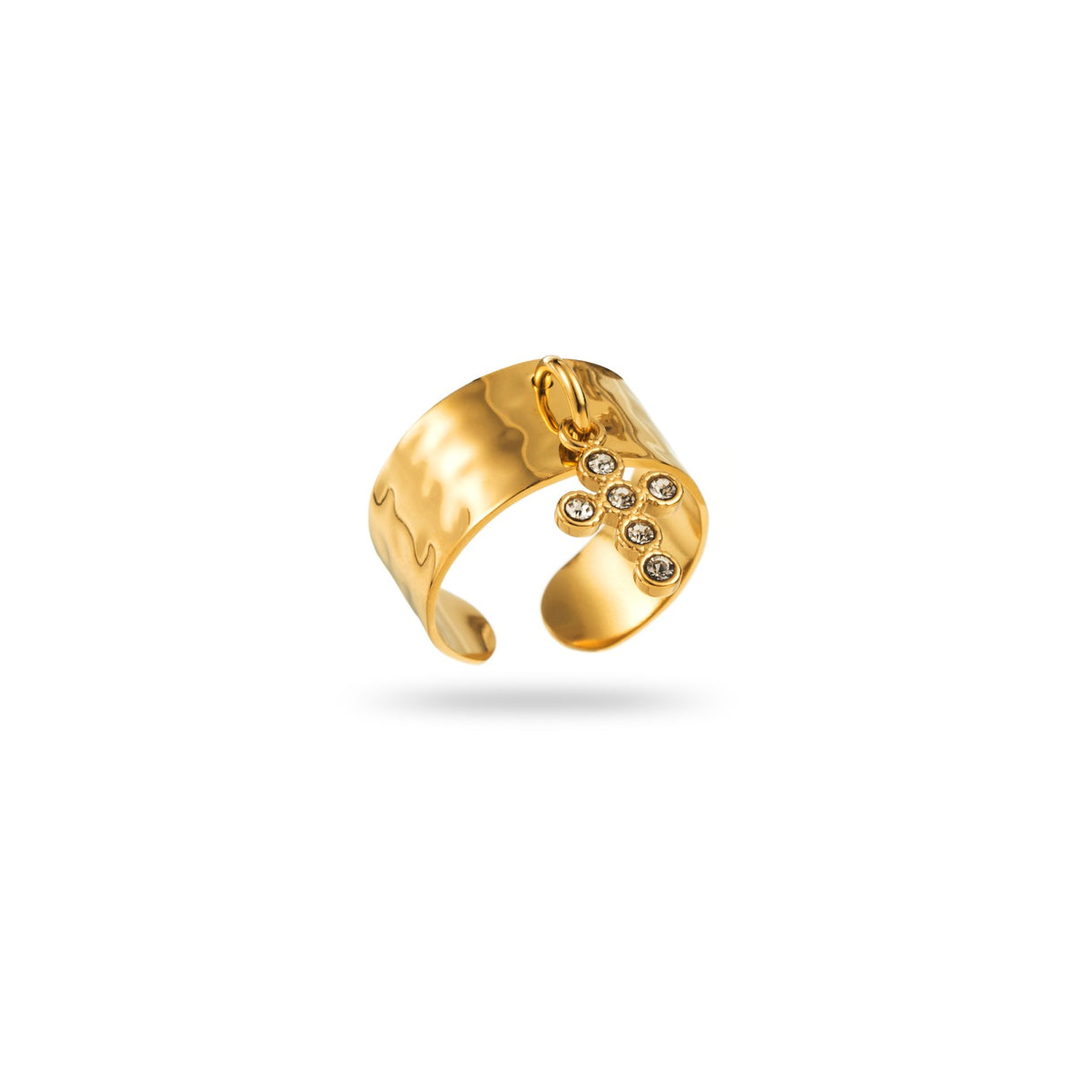 bague breloque croix strass acier inoxydable doré martelée oxydes de zirconium résiste à l'eau hypoallergénique