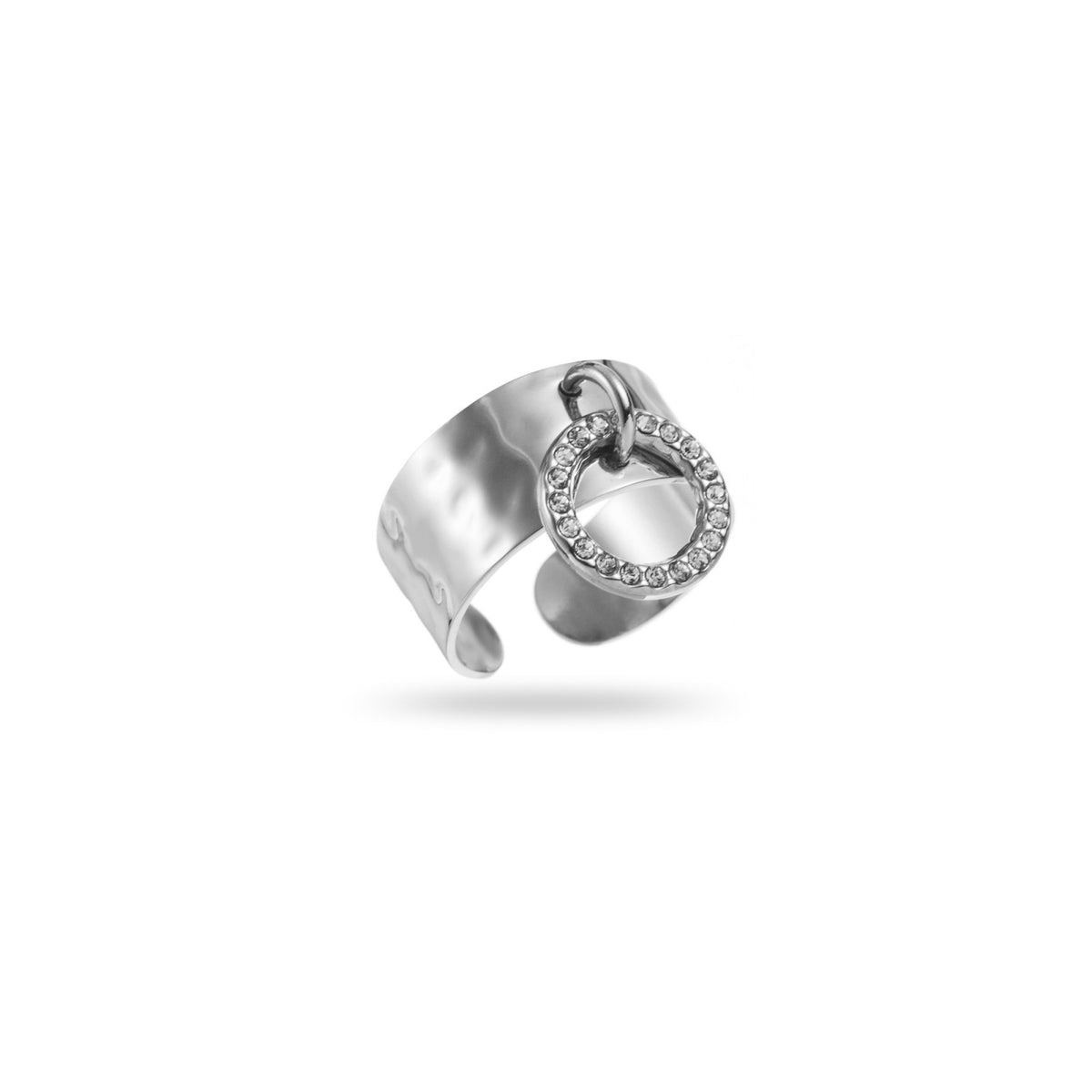 bague breloque martelée acier inoxydable argentée breloque ajourée a strass résiste à l'eau et hypoallergénique