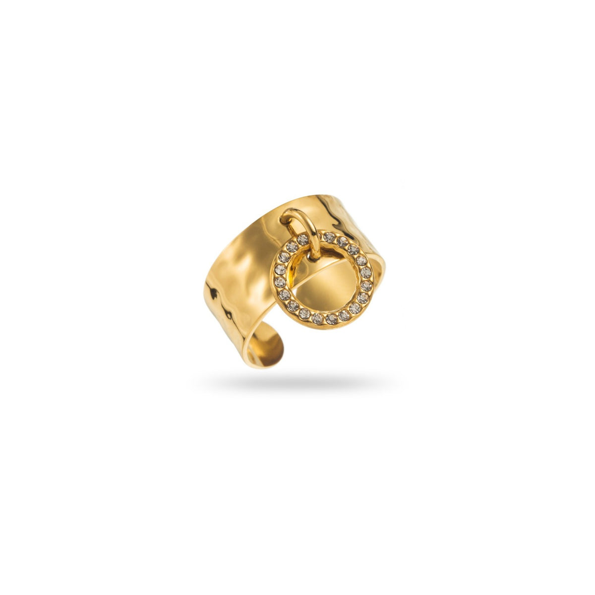 bague breloque martelée acier inoxydable dorée breloque ajourée a strass résiste à l'eau et hypoallergénique