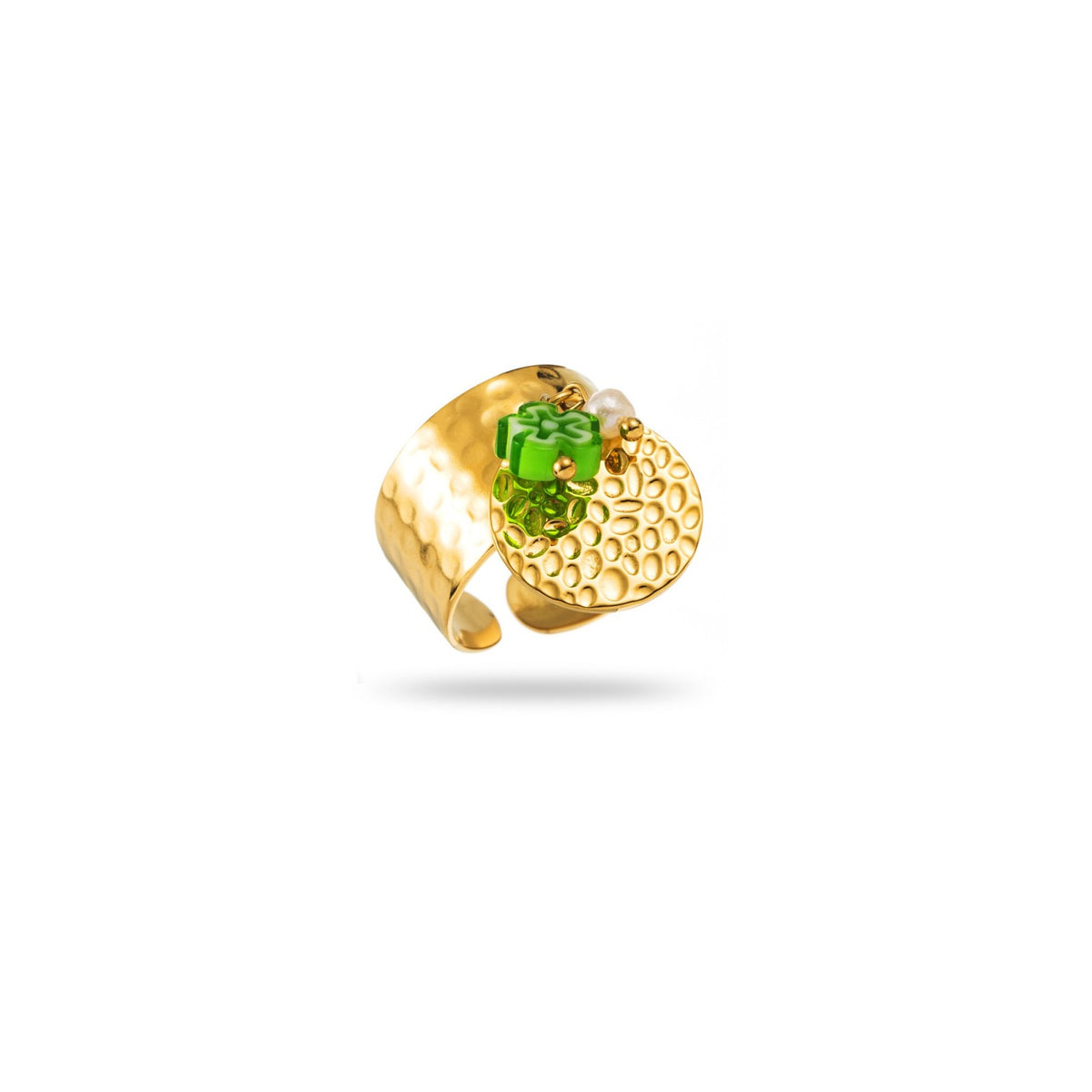 bague breloque martelée acier inoxydable doré pampilles verte résiste à l'eau et hypoallergénique