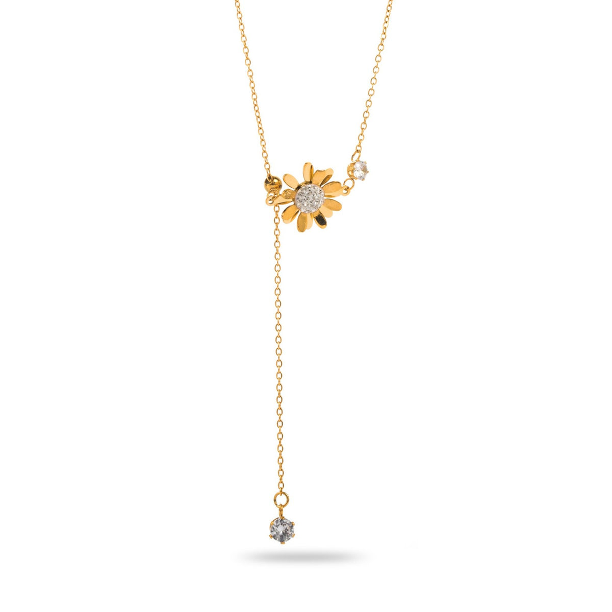 collier y cravate fleur empierrée oxyde solitaire et en pendentif acier inoxydable doré