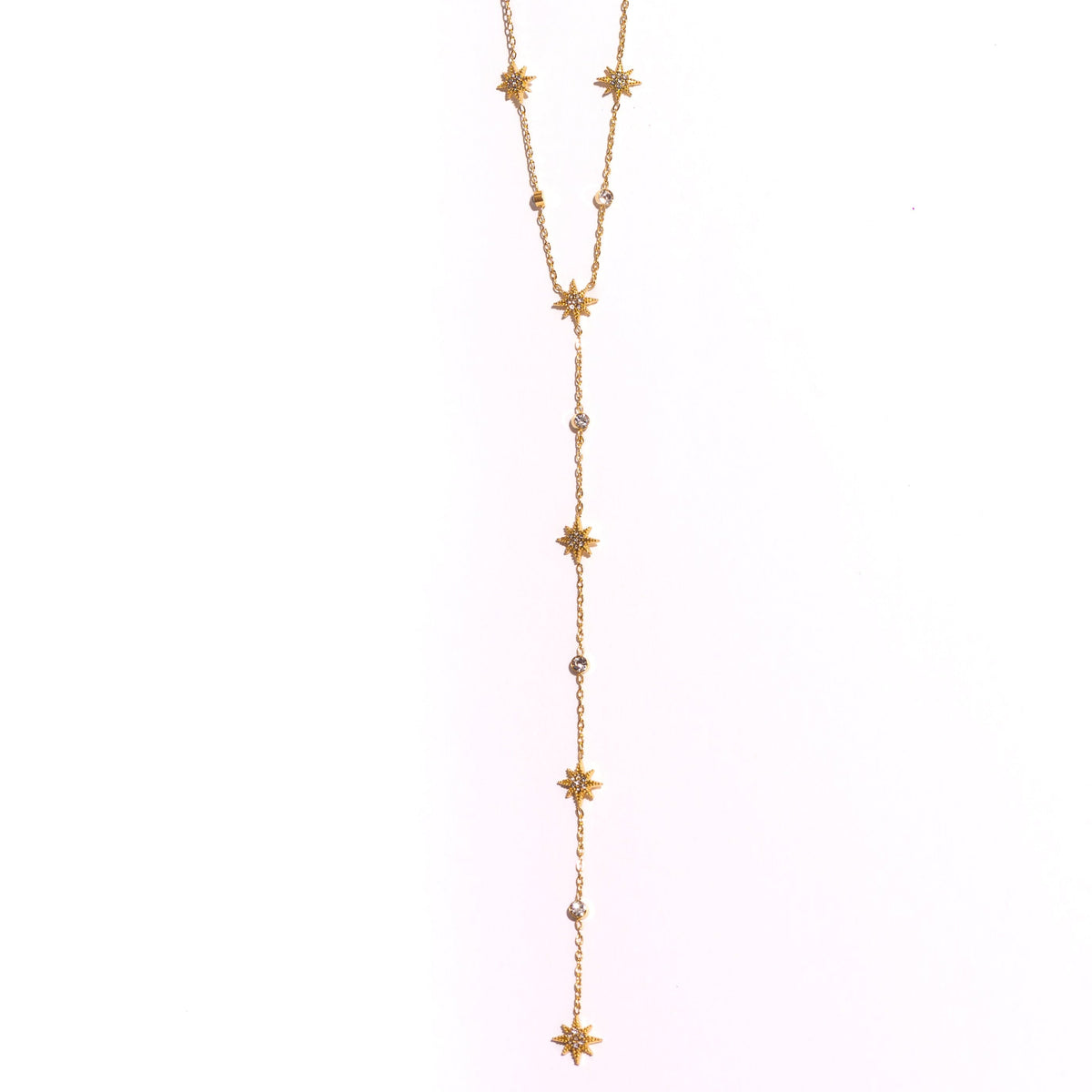 collier cravate Y acier inoxydable doré orné d'étoiles empierrées et d'oxydes de zirconium
