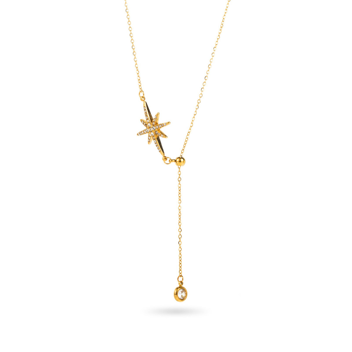 collier y cravate acier inoxydable doré étoile empierrée et pendentif oxyde de zirconium