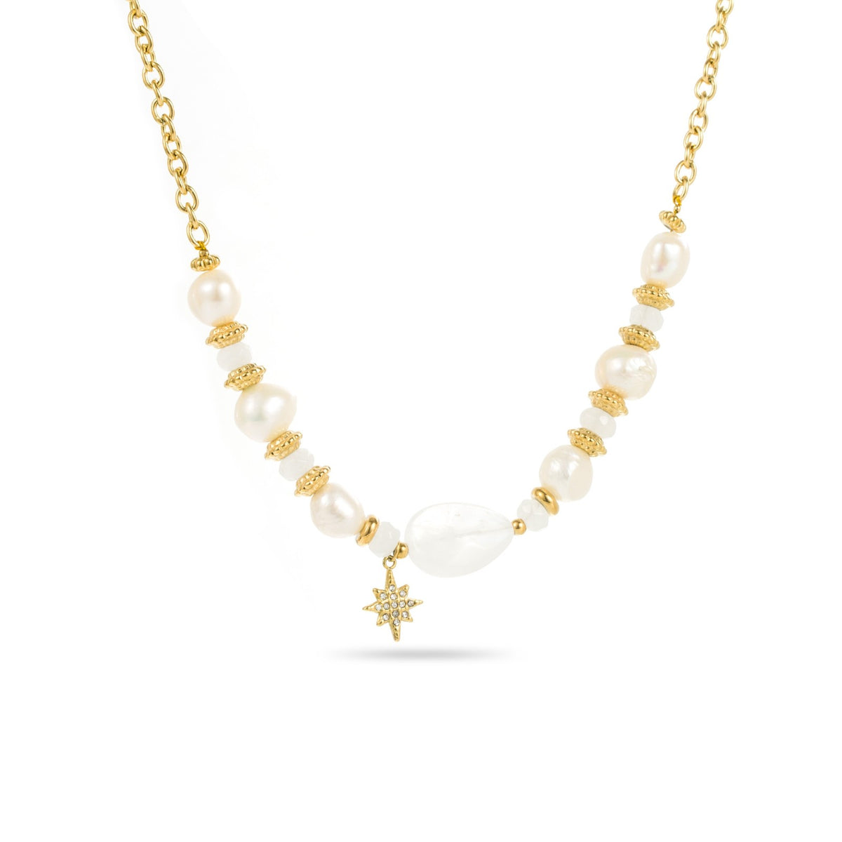 collier pierres blanches et perles pendentif étoile empierrée acier inoxydable doré hypoallergénique résiste à l'eau