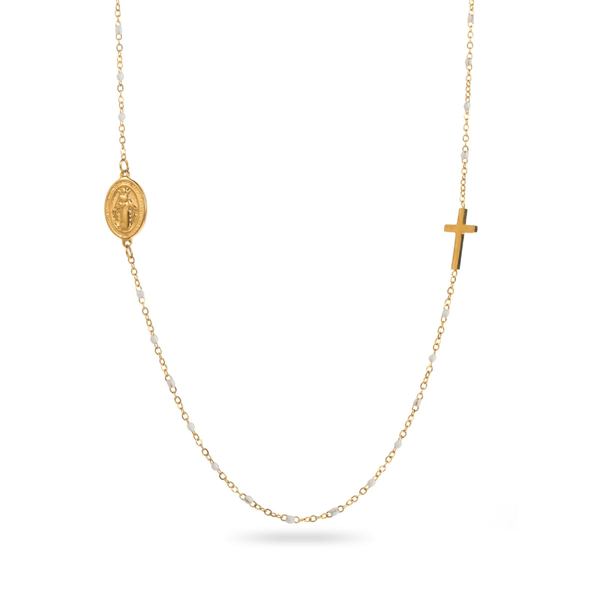 collier croix acier inoxydable doré petites perles blanches hypoallergénique résiste à l'eau