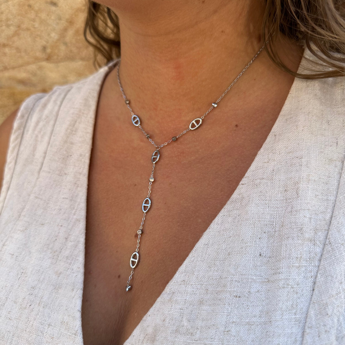 collier acier inoxydable argenté Y maille marine et oxydes