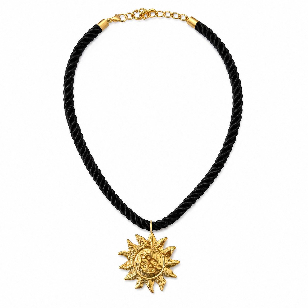 Collier acier inoxydable cordon tressé noir pendentif soleil doré