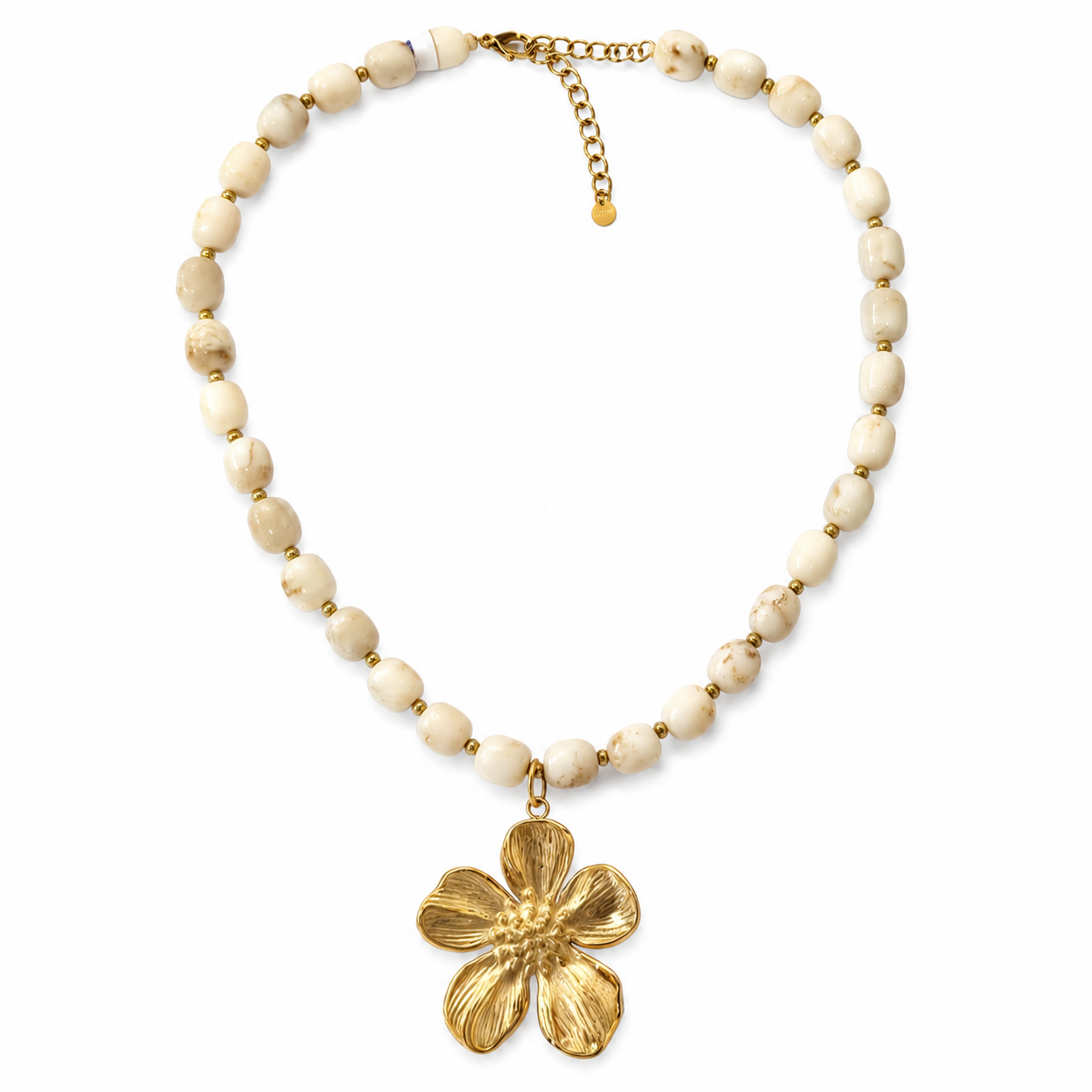 Collier acier inoxydable doré perles effet marbre beige pendentif fleur texturée - Jewels