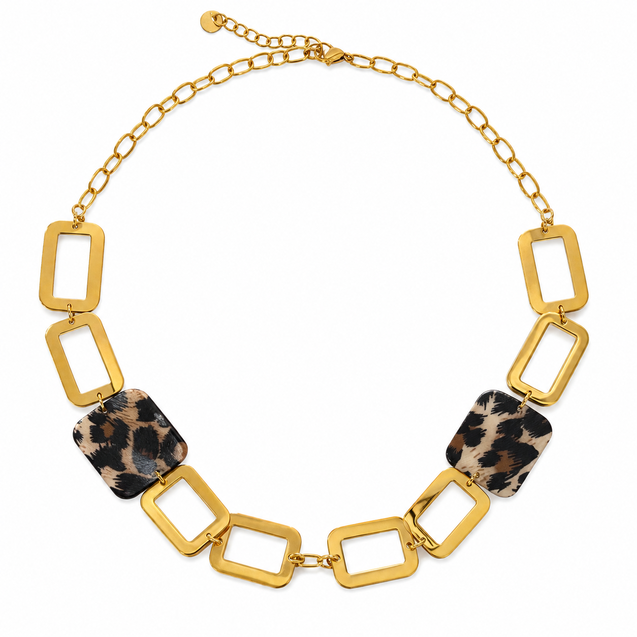 Collier acier inoxydable doré anneaux rectangulaires à motif léopard