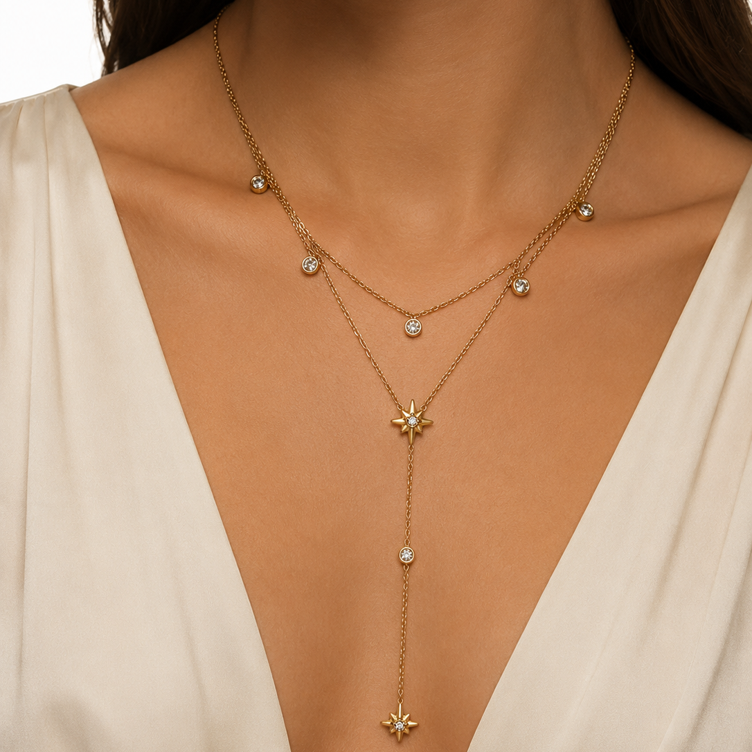Collier Y double rang étoiles & zircons