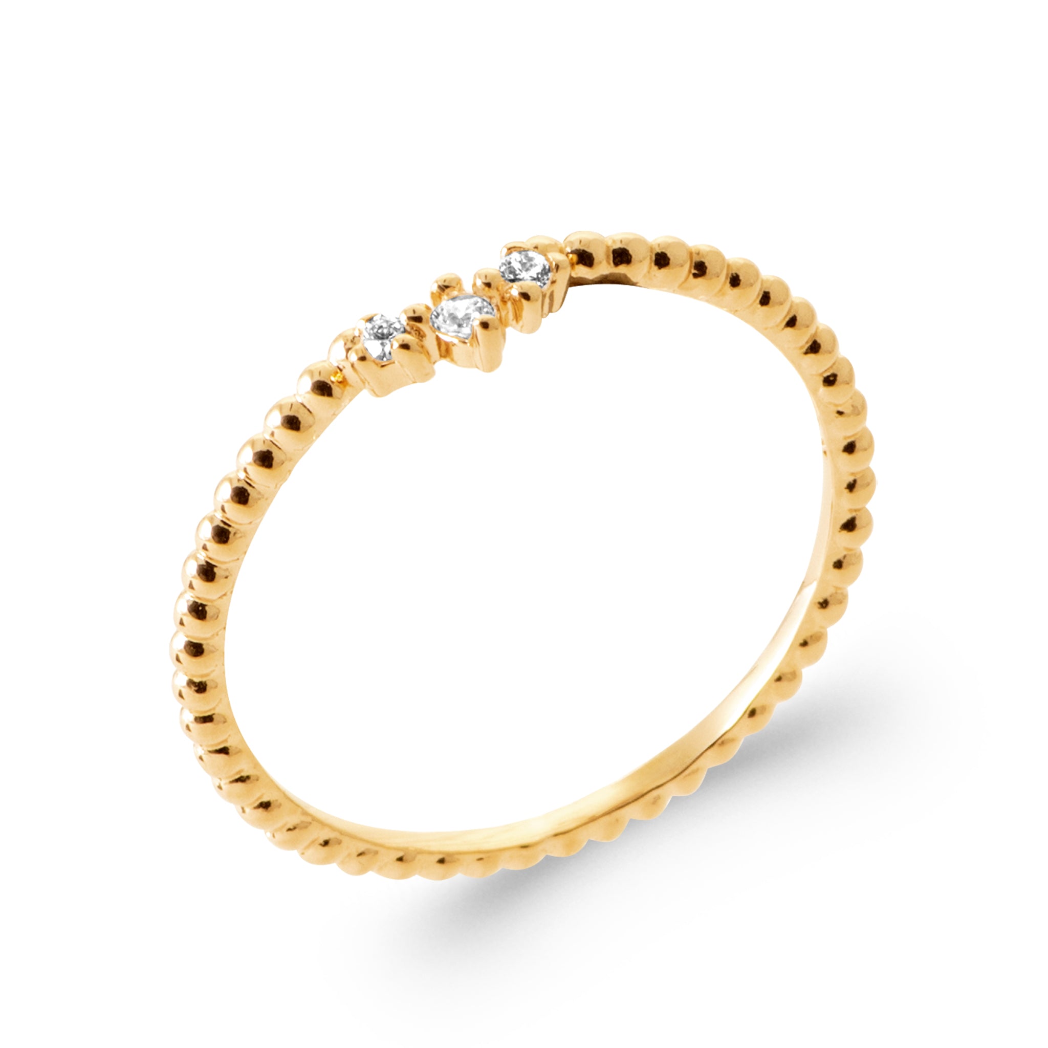 Bague fine plaqué or anneau perlé trio de zircons - vue 1