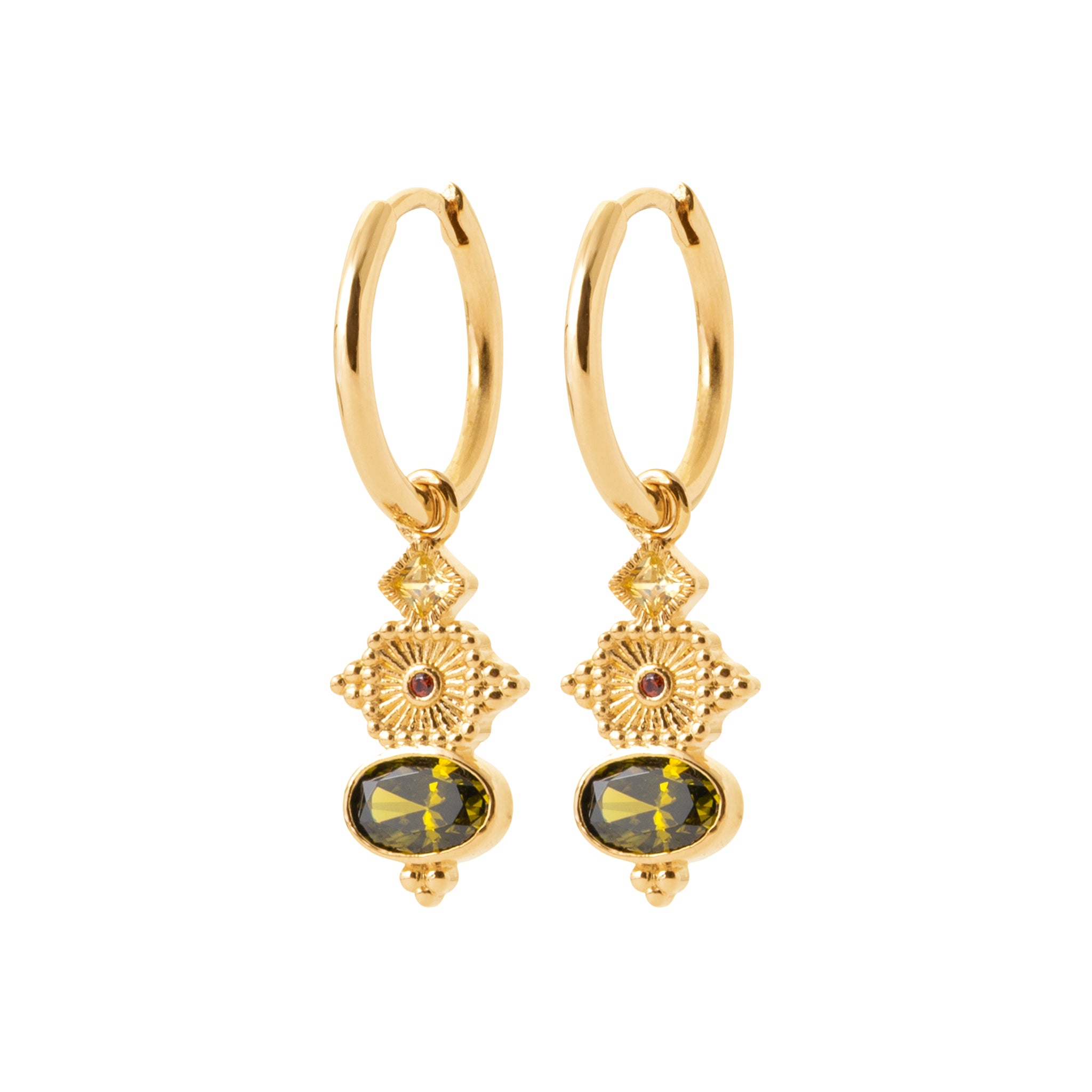 Boucles d'oreilles créoles dorées pendentif pierre verte