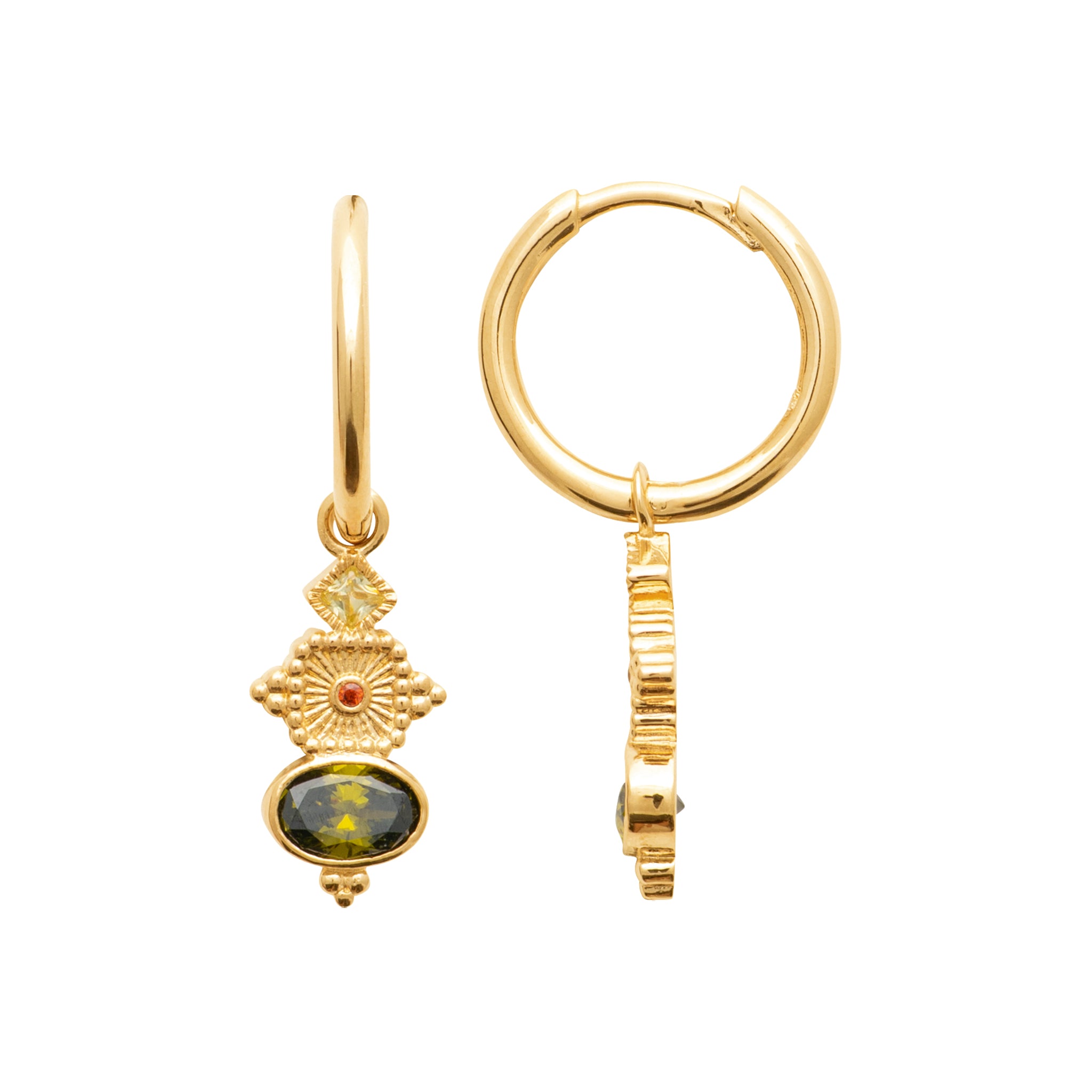 Boucles d'oreilles créoles dorées pendentif pierre verte
