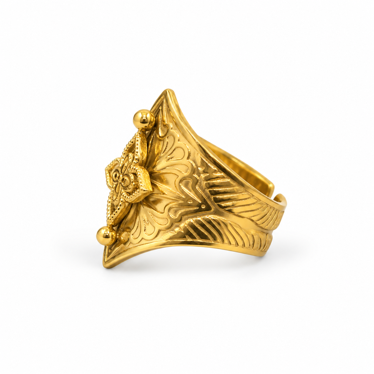bague dorée doré blason style motif floral V epaisse ajouré 3D