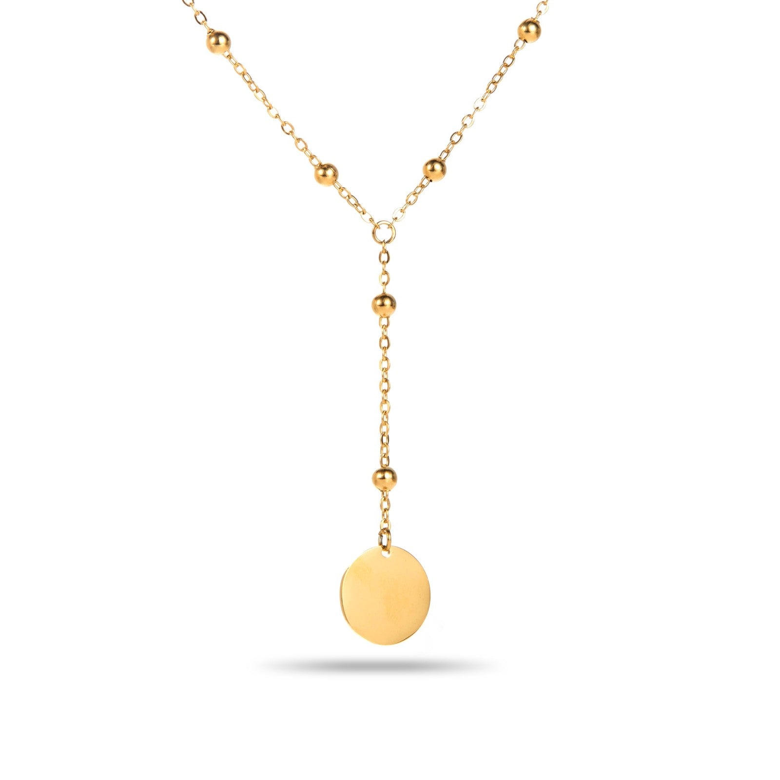 Collier Y acier inoxydable doré médailles pendentif rond petites perles dorées
