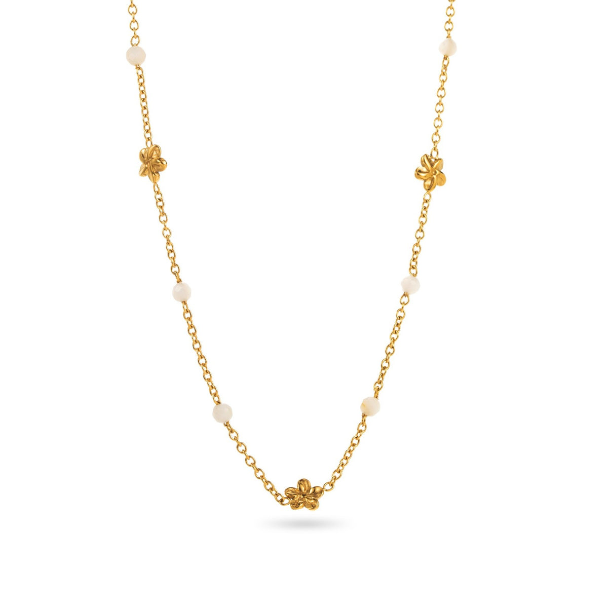 Collier acier inoxydable doré petites fleurs et pierres naturelles agate blanche hypoallergénique et résiste à l'eau 
