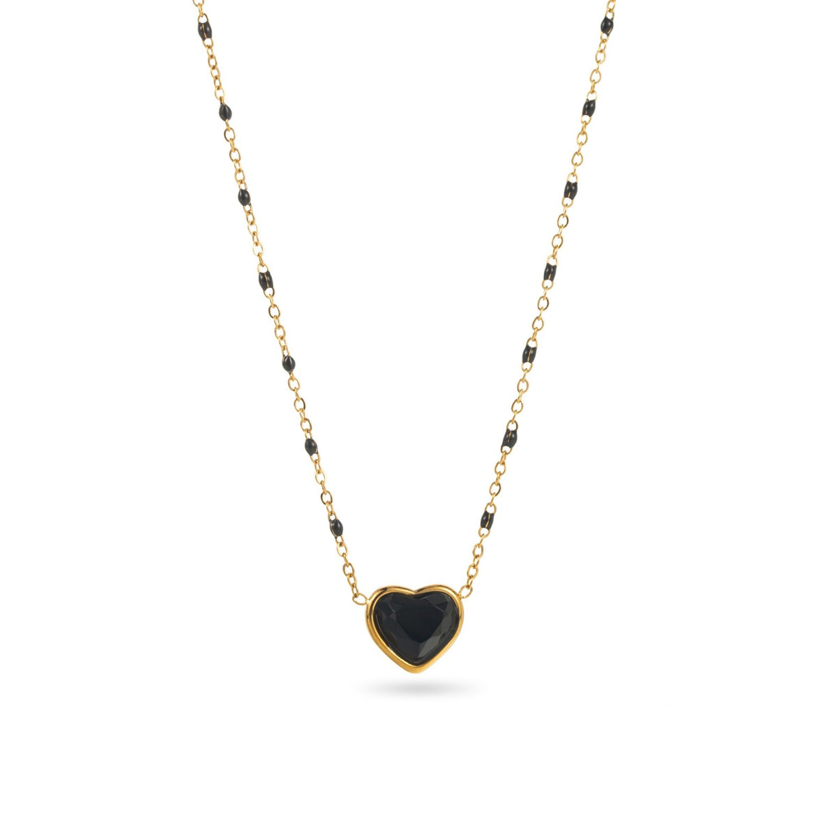 Collier acier inoxydable doré hypoallergénique résiste à l'eau petites perles noires pendentif cœur onyx