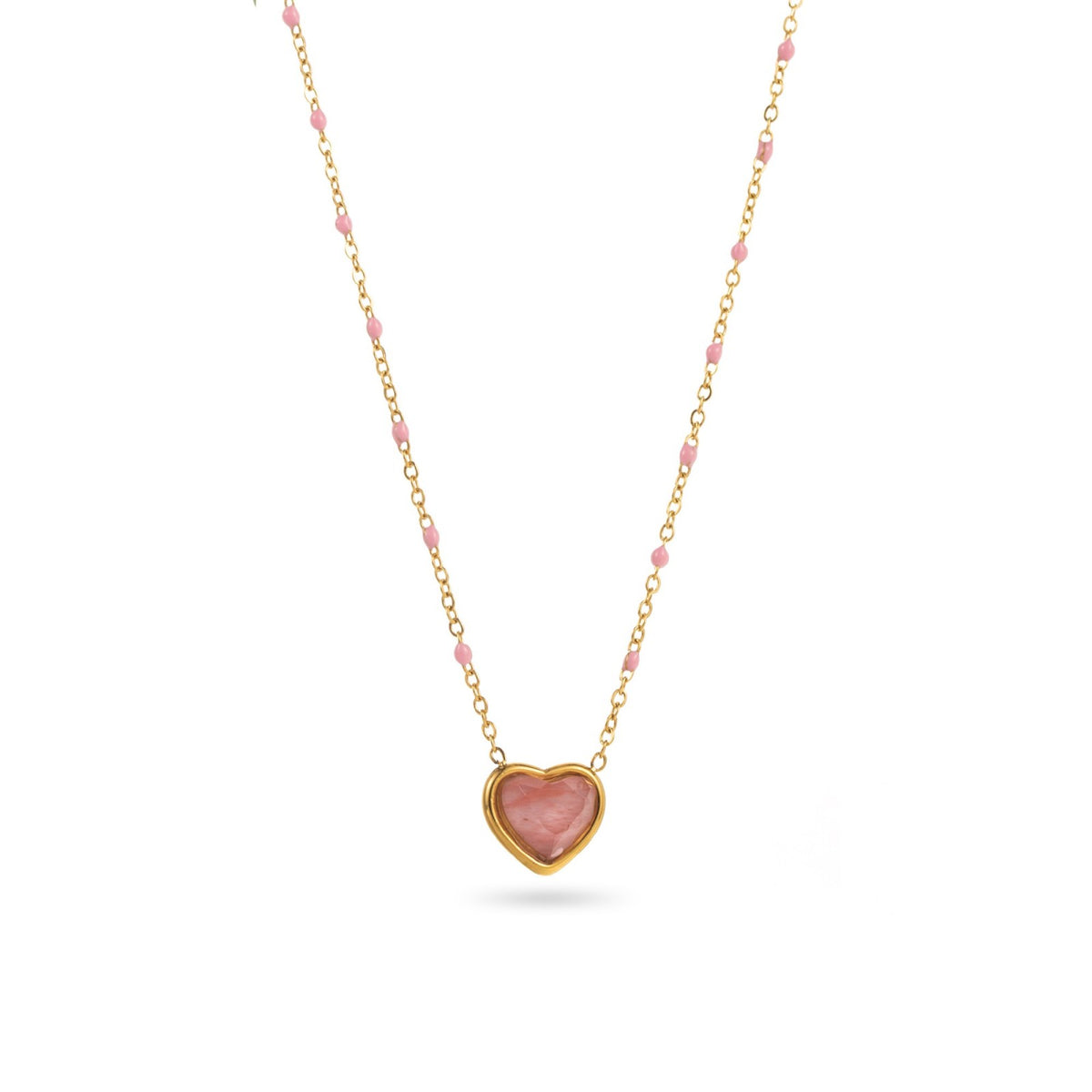 Collier acier inoxydable doré hypoallergénique résiste à l'eau petites perles roses pendentif cœur rhodonite 