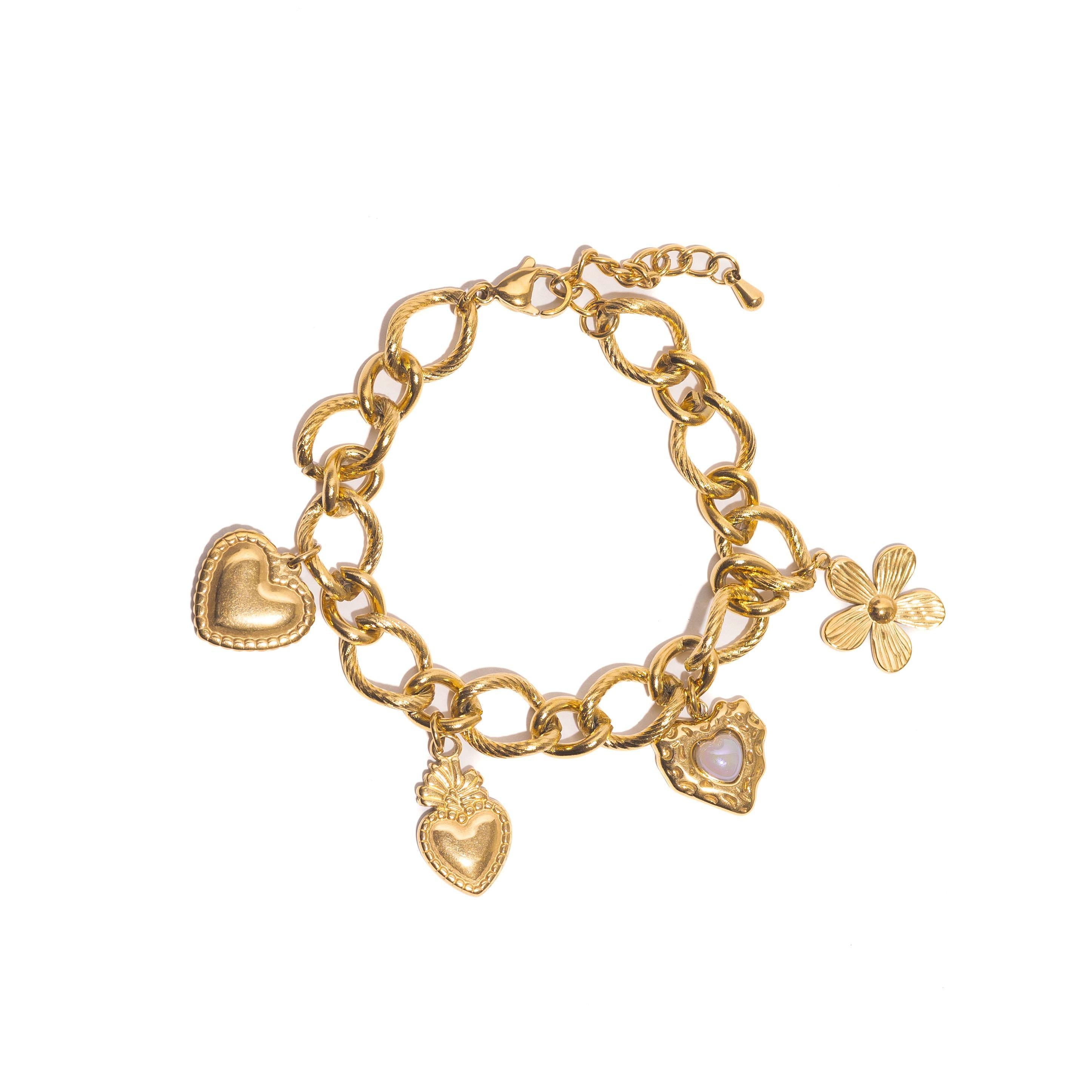 Bracelet charms cœurs et fleur