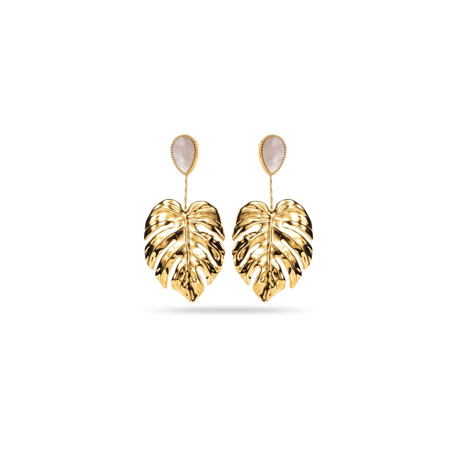 Boucles d'oreilles grande feuille avec pierre naturelle
