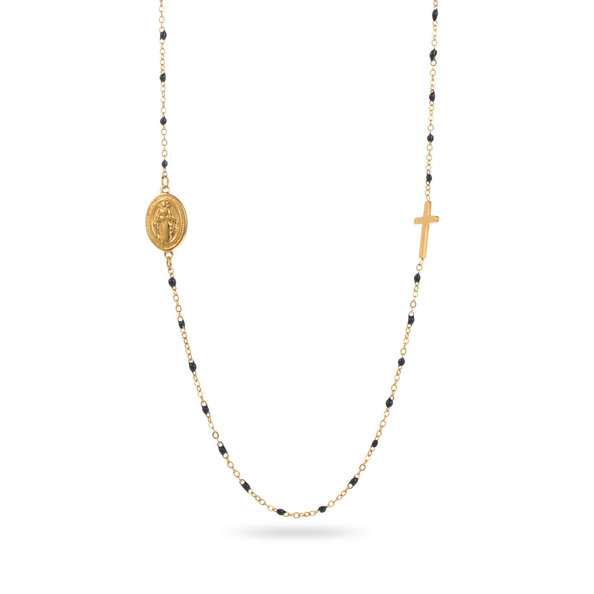 collier croix acier inoxydable doré petites perles noires résiste  l'eau hypoallergénique