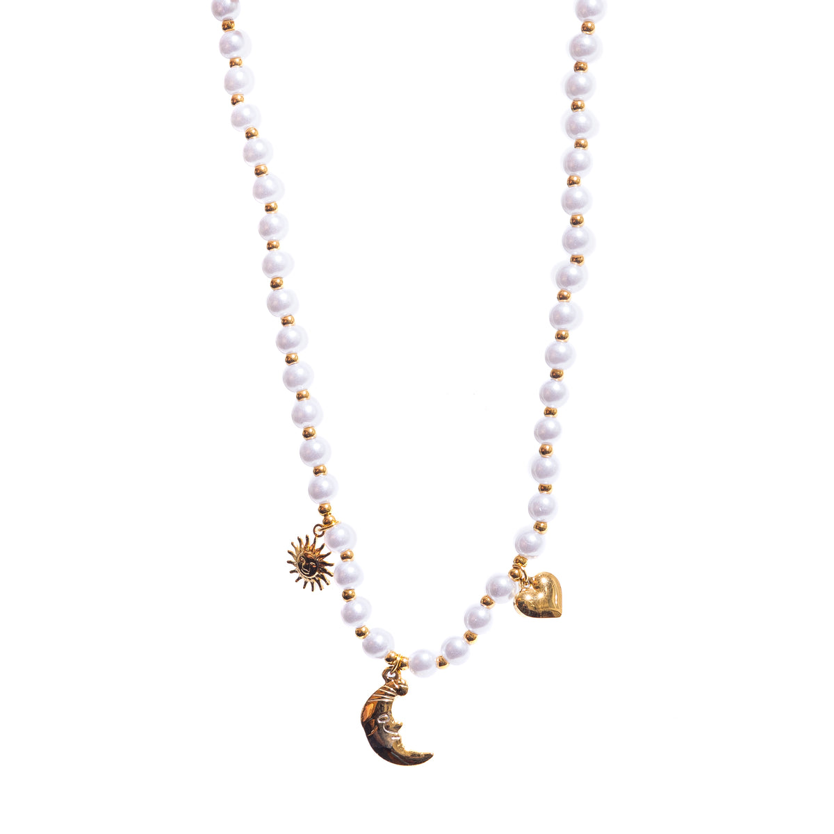 collier acier inoxydable doré perles synthétiques et charms hypoallergénique résistant à l'eau