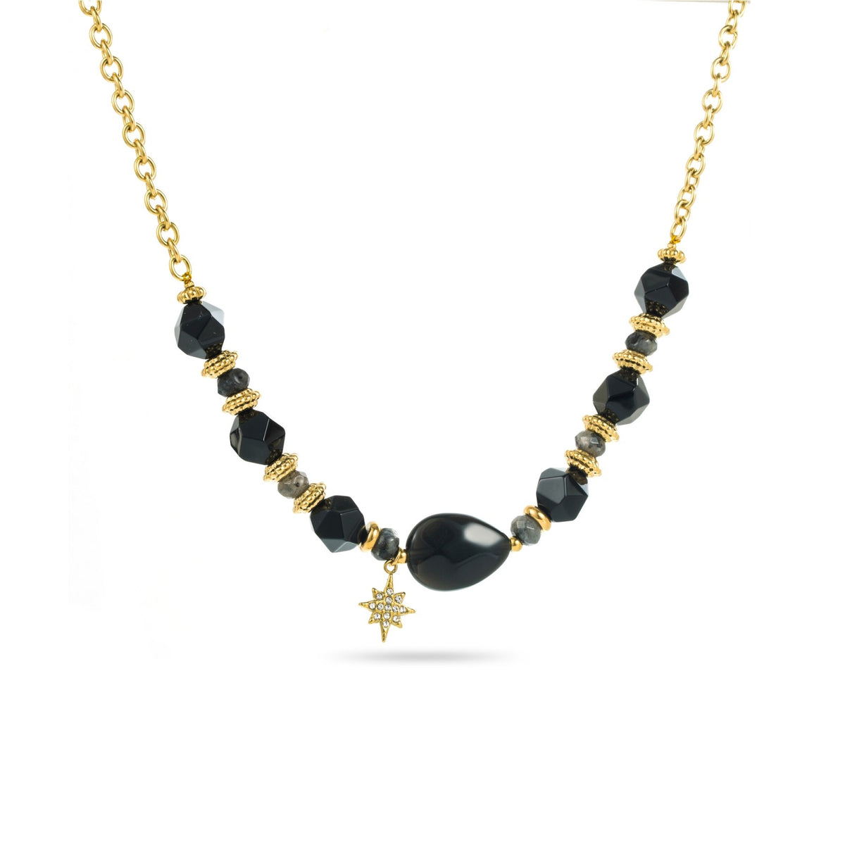 collier pierres noires et perles pendentif étoile empierrée acier inoxydable doré hypoallergénique résiste à l'eau